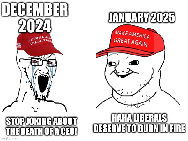 California Fires vs. CEO | DECEMBER 2024; JANUARY 2025; HAHA LIBERALS DESERVE TO BURN IN FIRE; STOP JOKING ABOUT THE DEATH OF A CEO! | image tagged in conservative hypocrisy,maga,california fires,ceo | made w/ Imgflip meme maker
