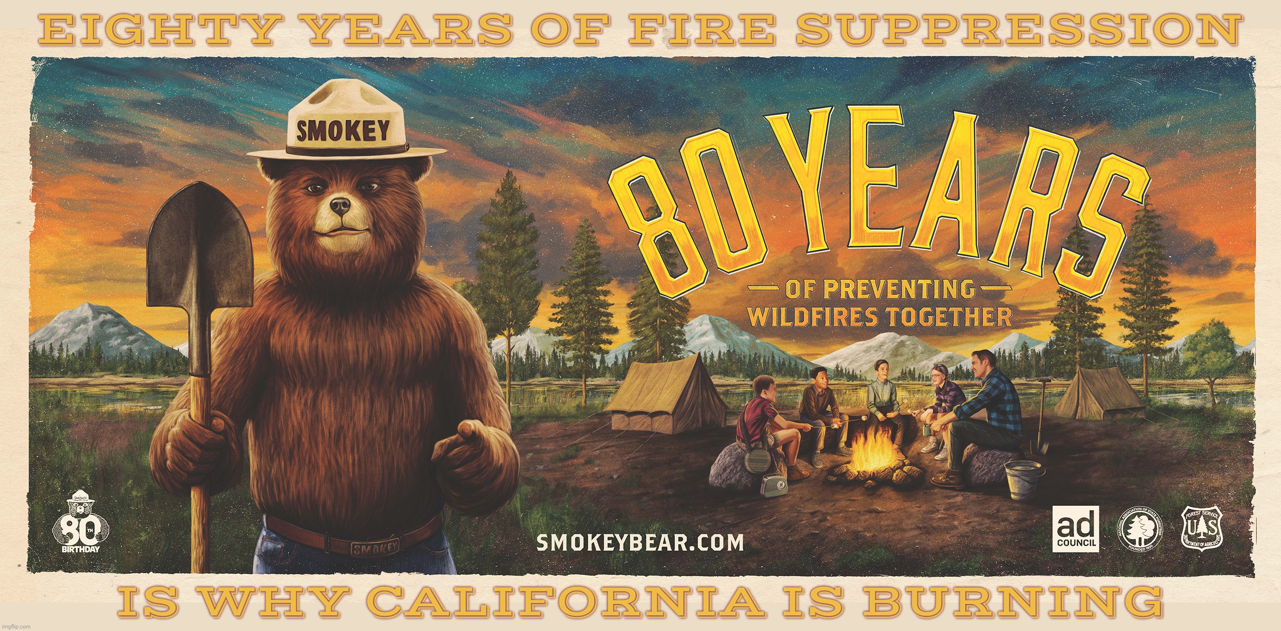 EIGHTY YEARS OF FIRE SUPPRESSION; IS WHY CALIFORNIA IS BURNING | made w/ Imgflip meme maker