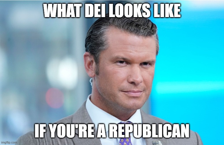 Peter Hegseth | WHAT DEI LOOKS LIKE; IF YOU'RE A REPUBLICAN | image tagged in peter hegseth | made w/ Imgflip meme maker