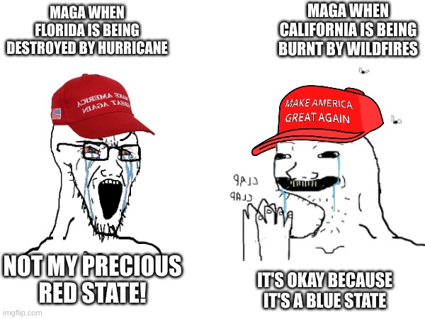 Florida vs. California | MAGA WHEN CALIFORNIA IS BEING BURNT BY WILDFIRES; MAGA WHEN FLORIDA IS BEING DESTROYED BY HURRICANE; NOT MY PRECIOUS RED STATE! IT'S OKAY BECAUSE IT'S A BLUE STATE | image tagged in conservative hypocrisy,maga,florida,california fires,hurricane | made w/ Imgflip meme maker