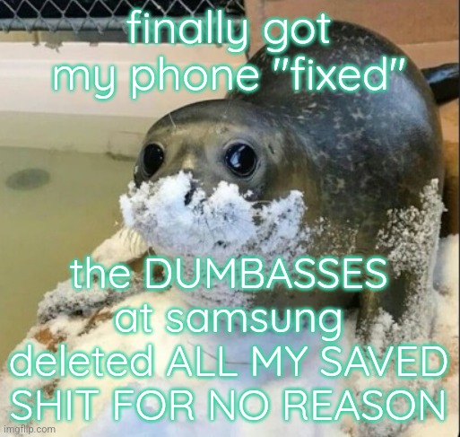 over a year of saved shitposts and they didn't have to do it at all | finally got my phone "fixed"; the DUMBASSES at samsung deleted ALL MY SAVED SHIT FOR NO REASON | image tagged in la cocaina | made w/ Imgflip meme maker