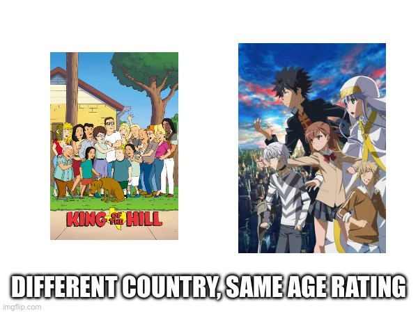 List of A Certain Magical Index and King of the hill meme | DIFFERENT COUNTRY, SAME AGE RATING | image tagged in list of a certain magical index,king of the hill,japan,america,cartoon,anime | made w/ Imgflip meme maker