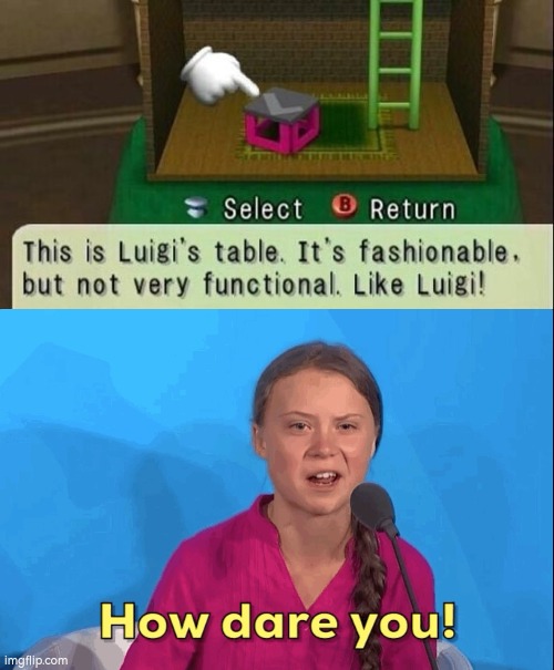 You monster! | image tagged in greta thunberg how dare you,luigi | made w/ Imgflip meme maker