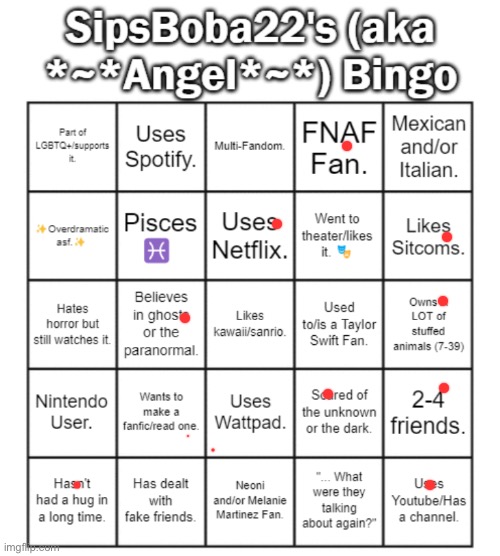 SipsBoba22 (aka Angel)'s Bingo Card | image tagged in sipsboba22 aka angel 's bingo card | made w/ Imgflip meme maker