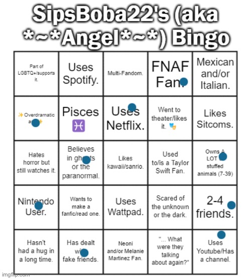 SipsBoba22 (aka Angel)'s Bingo Card | image tagged in sipsboba22 aka angel 's bingo card | made w/ Imgflip meme maker