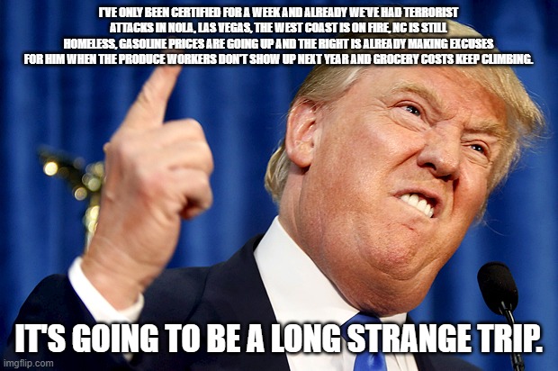 Politics | I'VE ONLY BEEN CERTIFIED FOR A WEEK AND ALREADY WE'VE HAD TERRORIST ATTACKS IN NOLA, LAS VEGAS, THE WEST COAST IS ON FIRE, NC IS STILL HOMELESS, GASOLINE PRICES ARE GOING UP AND THE RIGHT IS ALREADY MAKING EXCUSES FOR HIM WHEN THE PRODUCE WORKERS DON'T SHOW UP NEXT YEAR AND GROCERY COSTS KEEP CLIMBING. IT'S GOING TO BE A LONG STRANGE TRIP. | image tagged in donald trump | made w/ Imgflip meme maker