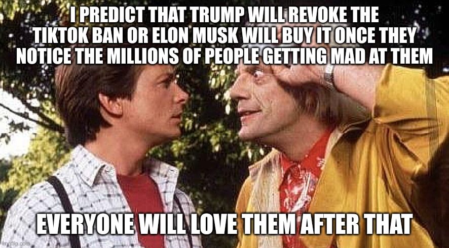 2025 Prediction | I PREDICT THAT TRUMP WILL REVOKE THE TIKTOK BAN OR ELON MUSK WILL BUY IT ONCE THEY NOTICE THE MILLIONS OF PEOPLE GETTING MAD AT THEM; EVERYONE WILL LOVE THEM AFTER THAT | image tagged in prediction,2025,elon musk,donald trump,tiktok,banned | made w/ Imgflip meme maker