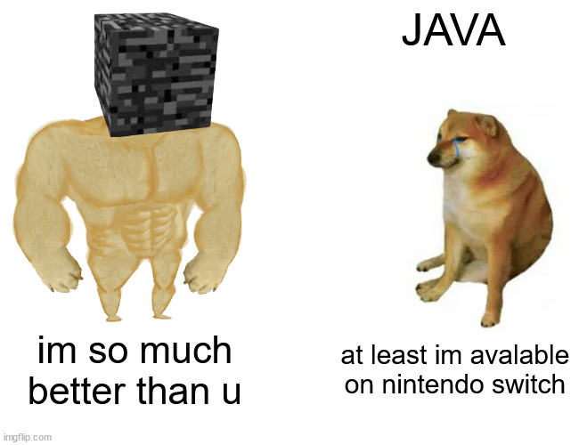 Bedrock verses java | JAVA; im so much better than u; at least im avalable on nintendo switch | image tagged in memes,buff doge vs cheems,minecraft | made w/ Imgflip meme maker