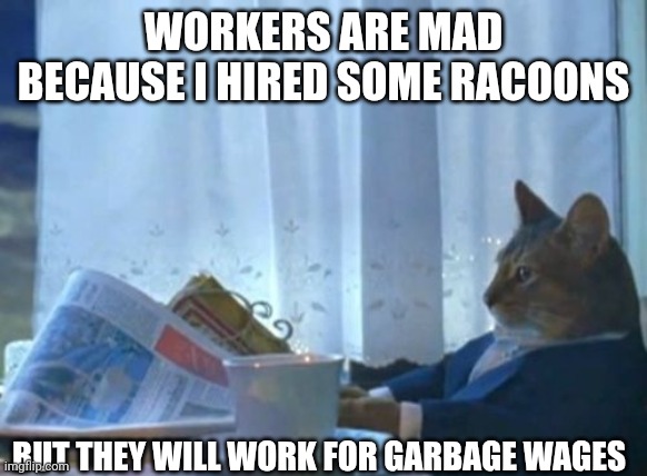 I Should Buy A Boat Cat | WORKERS ARE MAD BECAUSE I HIRED SOME RACOONS; BUT THEY WILL WORK FOR GARBAGE WAGES | image tagged in memes,i should buy a boat cat | made w/ Imgflip meme maker