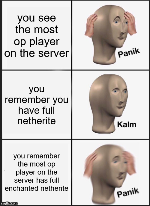 me | you see the most op player on the server; you remember you have full netherite; you remember the most op player on the server has full enchanted netherite | image tagged in memes,panik kalm panik,minecraft | made w/ Imgflip meme maker