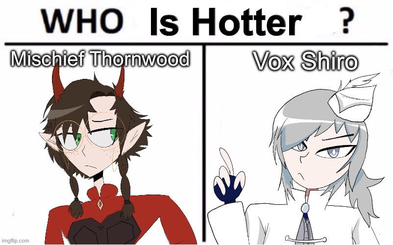 Doing a poll on the most attractive character | Vox Shiro; Mischief Thornwood | image tagged in who is hotter | made w/ Imgflip meme maker