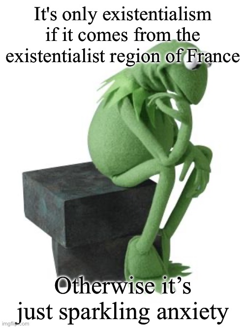 Existentialism or! | It's only existentialism if it comes from the existentialist region of France; Otherwise it’s just sparkling anxiety | image tagged in philosophy kermit,adhd,anxiety,existentialism | made w/ Imgflip meme maker