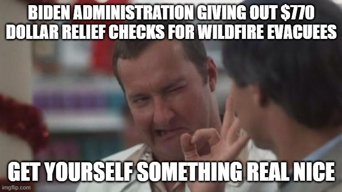 ain't biden administration great!! | BIDEN ADMINISTRATION GIVING OUT $770 DOLLAR RELIEF CHECKS FOR WILDFIRE EVACUEES; GET YOURSELF SOMETHING REAL NICE | image tagged in real nice - christmas vacation,california fires,wildfires,democrat,biden | made w/ Imgflip meme maker