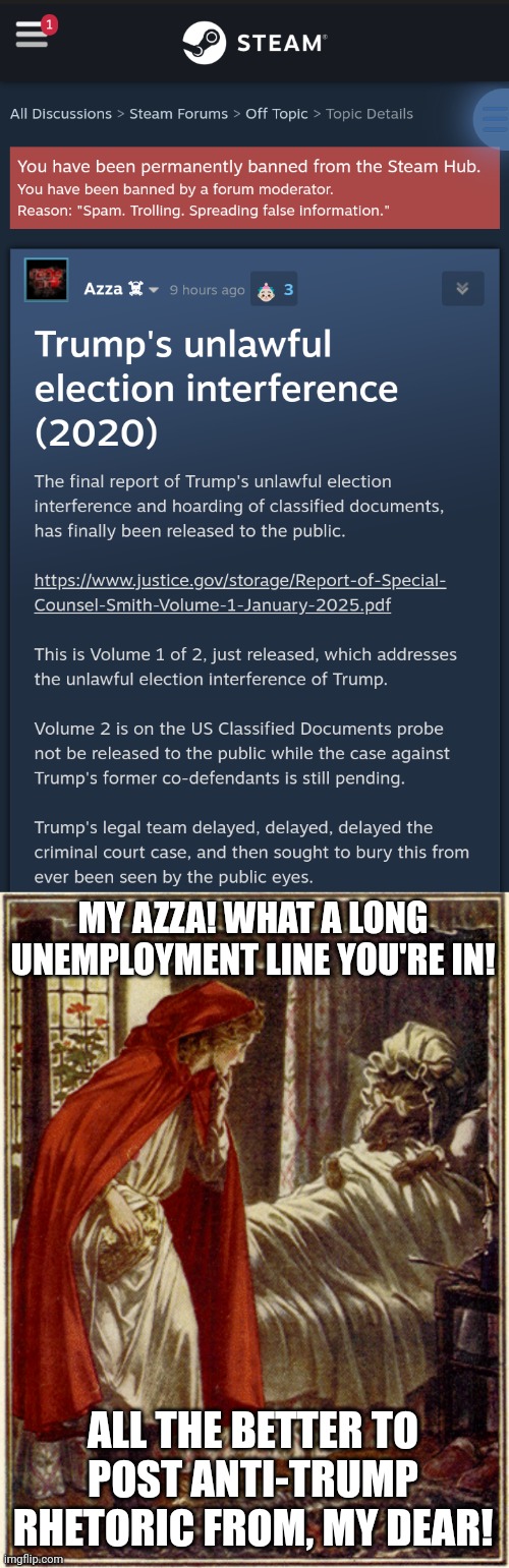 MY AZZA! WHAT A LONG UNEMPLOYMENT LINE YOU'RE IN! ALL THE BETTER TO POST ANTI-TRUMP RHETORIC FROM, MY DEAR! | image tagged in little red riding hood | made w/ Imgflip meme maker