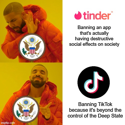 Drake Hotline Bling | Banning an app that's actually having destructive social effects on society; Banning TikTok because it's beyond the control of the Deep State | image tagged in memes,drake hotline bling,tiktok,tinder,us government,deep state | made w/ Imgflip meme maker