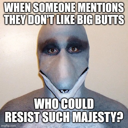 Dolphin man | WHEN SOMEONE MENTIONS THEY DON'T LIKE BIG BUTTS; WHO COULD RESIST SUCH MAJESTY? | image tagged in dolphin man | made w/ Imgflip meme maker