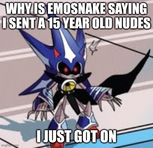 surprised neo metal sonic | WHY IS EMOSNAKE SAYING I SENT A 15 YEAR OLD NUDES; I JUST GOT ON | image tagged in surprised neo metal sonic | made w/ Imgflip meme maker