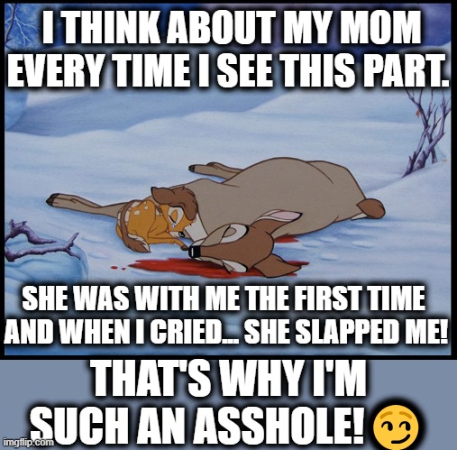 Thinking about Mom | I THINK ABOUT MY MOM EVERY TIME I SEE THIS PART. SHE WAS WITH ME THE FIRST TIME 
AND WHEN I CRIED... SHE SLAPPED ME! THAT'S WHY I'M SUCH AN ASSHOLE!😏 | image tagged in bambi's mother's death,mothers day | made w/ Imgflip meme maker