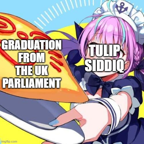 Tulip Siddiq resigns as Treasury minister (Sky News, 14/1/2025) | GRADUATION FROM THE UK PARLIAMENT; TULIP SIDDIQ | image tagged in minato aqua holding a plate part ii,minato aqua holding a plate,uk memes,united kingdom,uk politics,memes | made w/ Imgflip meme maker