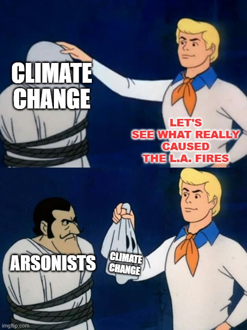 Rawsonists | CLIMATE CHANGE; LET'S SEE WHAT REALLY CAUSED THE L.A. FIRES; ARSONISTS; CLIMATE CHANGE | image tagged in scooby doo mask reveal | made w/ Imgflip meme maker