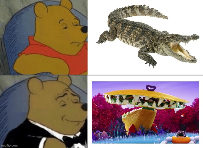 crocodile vs tacodile | image tagged in memes,tuxedo winnie the pooh,tacodile,crocodile | made w/ Imgflip meme maker