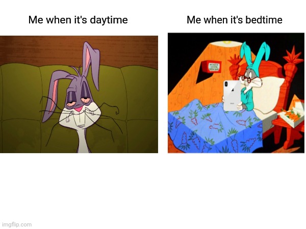 Me when it's bedtime; Me when it's daytime | image tagged in bugs bunny | made w/ Imgflip meme maker