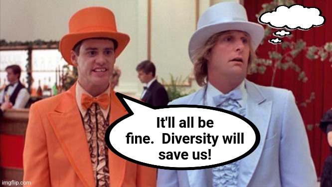 dumb and dumber | It'll all be
fine.  Diversity will
save us! | image tagged in dumb and dumber | made w/ Imgflip meme maker