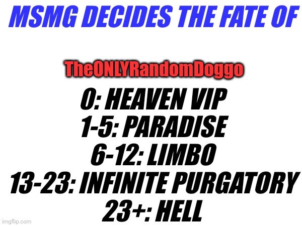 MSMG DECIDES THE FATE OF; TheONLYRandomDoggo; 0: HEAVEN VIP
1-5: PARADISE
6-12: LIMBO
13-23: INFINITE PURGATORY
23+: HELL | made w/ Imgflip meme maker