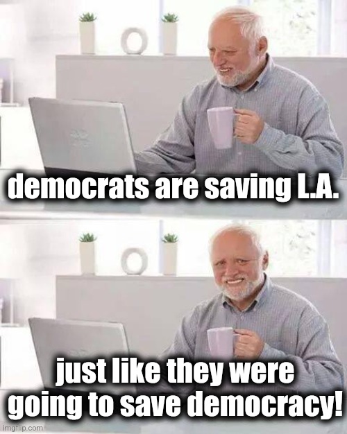 Hide the pain California | democrats are saving L.A. just like they were going to save democracy! | image tagged in memes,hide the pain harold,california,wildfires,democrats,saving democracy | made w/ Imgflip meme maker