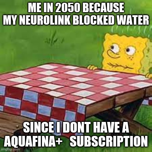 Me in 2050 | ME IN 2050 BECAUSE MY NEUROLINK BLOCKED WATER; SINCE I DONT HAVE A AQUAFINA+   SUBSCRIPTION | image tagged in dried out spongebob | made w/ Imgflip meme maker