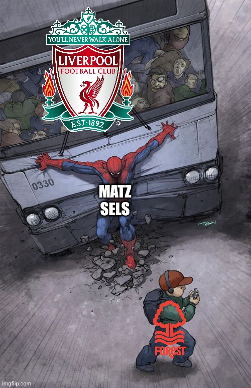 Forest 1 L.F.C. 1 | MATZ SELS | image tagged in spider-man bus,lfc,liverpool,nottm forest,premier league,sports | made w/ Imgflip meme maker