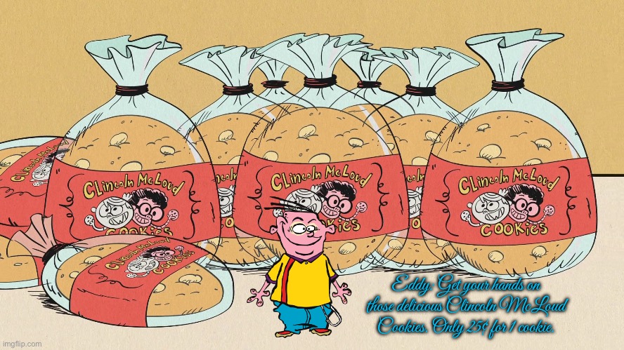 Eddy the Cookie Salesman | Eddy: Get your hands on those delicious Clincoln McLoud Cookies. Only 25¢ for 1 cookie. | image tagged in the loud house,nickelodeon,lincoln loud,ed edd n eddy,cartoon network,cookies | made w/ Imgflip meme maker