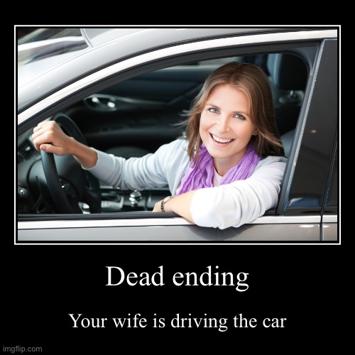 Fr they got their listened from the car crash | Dead ending | Your wife is driving the car | image tagged in funny,demotivationals | made w/ Imgflip demotivational maker