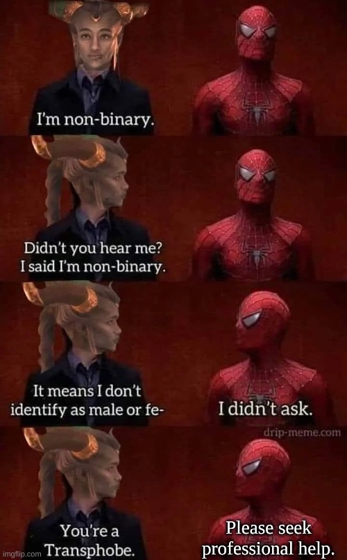 Spiderman and Transgender Person | Please seek professional help. | image tagged in spiderman,transgender,tired of hearing about transgenders,why can't you just be normal,shut up and take my upvote | made w/ Imgflip meme maker