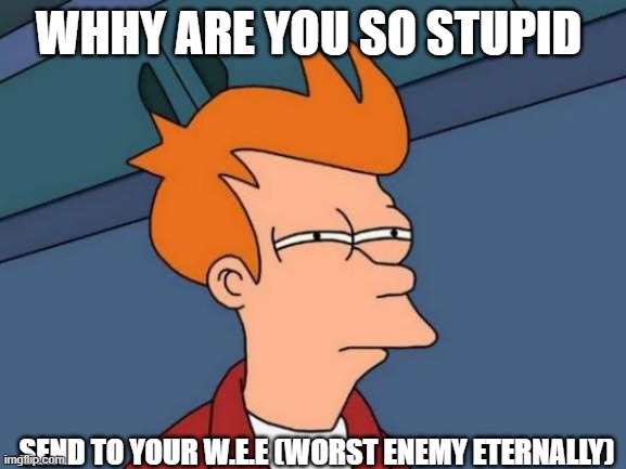 hmmmm | WHHY ARE YOU SO STUPID; SEND TO YOUR W.E.E (WORST ENEMY ETERNALLY) | image tagged in memes,futurama fry | made w/ Imgflip meme maker