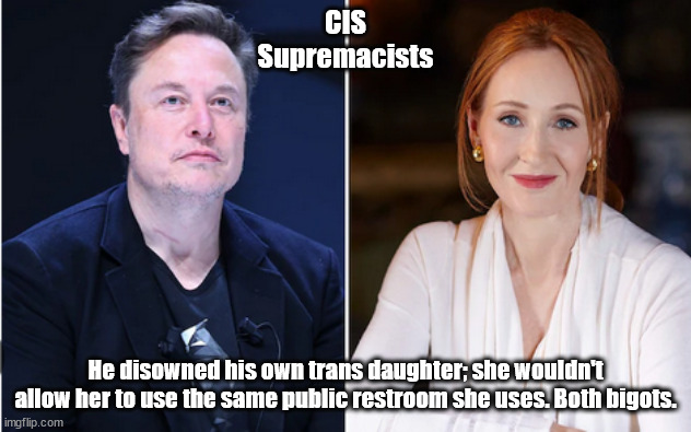 CIS Supremacists | CIS
Supremacists; He disowned his own trans daughter; she wouldn't allow her to use the same public restroom she uses. Both bigots. | image tagged in elon musk,jk rowling,bigots | made w/ Imgflip meme maker