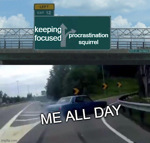 Left Exit 12 Off Ramp Meme | keeping focused; procrastination squirrel; ME ALL DAY | image tagged in memes,left exit 12 off ramp | made w/ Imgflip meme maker