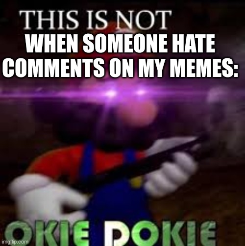 how to murder a hater | WHEN SOMEONE HATE COMMENTS ON MY MEMES: | image tagged in this is not okie dokie | made w/ Imgflip meme maker