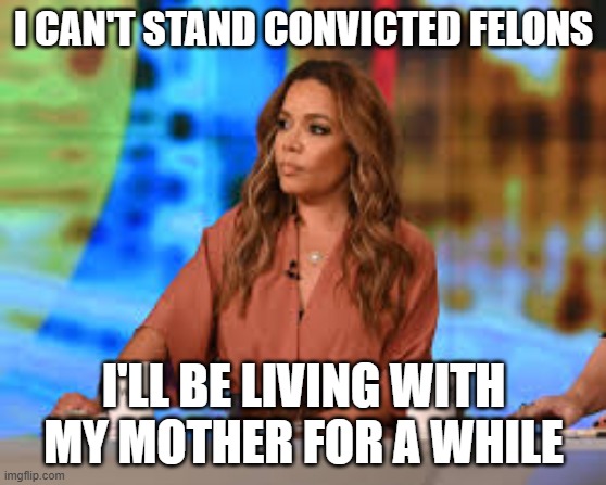 Sunny Hostin | I CAN'T STAND CONVICTED FELONS I'LL BE LIVING WITH MY MOTHER FOR A WHILE | image tagged in sunny hostin | made w/ Imgflip meme maker