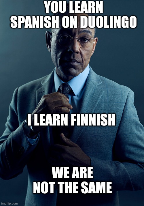 Mins olen cool_406(that means iam cool_406) | YOU LEARN SPANISH ON DUOLINGO; I LEARN FINNISH; WE ARE NOT THE SAME | image tagged in gus fring we are not the same | made w/ Imgflip meme maker