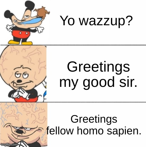 What english teachers want | Yo wazzup? Greetings my good sir. Greetings fellow homo sapien. | image tagged in expanding brain mokey | made w/ Imgflip meme maker