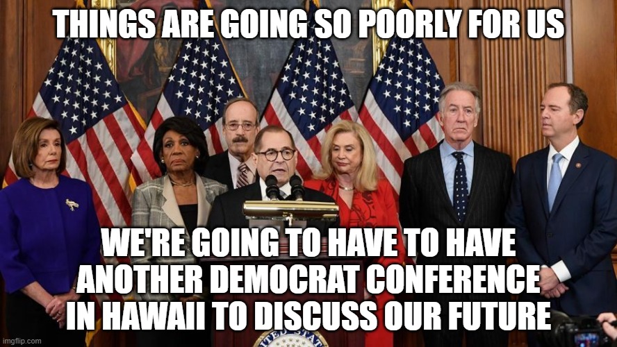 House Democrats | THINGS ARE GOING SO POORLY FOR US; WE'RE GOING TO HAVE TO HAVE ANOTHER DEMOCRAT CONFERENCE IN HAWAII TO DISCUSS OUR FUTURE | image tagged in house democrats | made w/ Imgflip meme maker