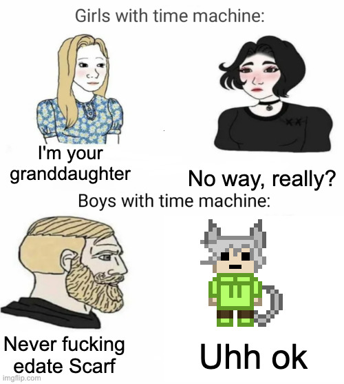 Time machine | I'm your granddaughter; No way, really? Never fucking edate Scarf; Uhh ok | image tagged in time machine | made w/ Imgflip meme maker