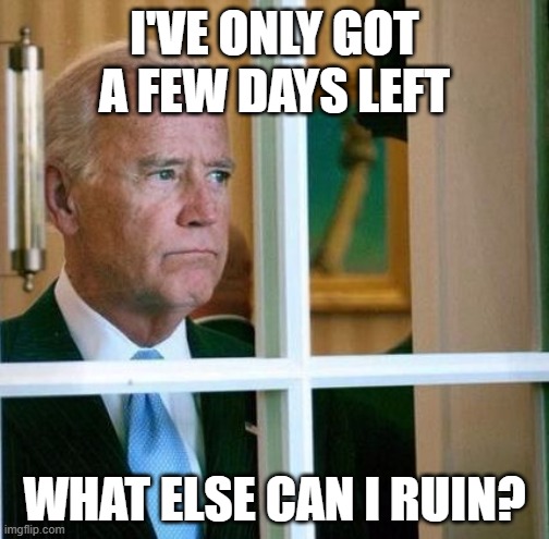 Sad Joe Biden | I'VE ONLY GOT A FEW DAYS LEFT; WHAT ELSE CAN I RUIN? | image tagged in sad joe biden | made w/ Imgflip meme maker