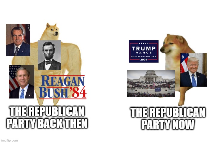 Republican Party then vs. now | THE REPUBLICAN PARTY BACK THEN; THE REPUBLICAN PARTY NOW | image tagged in then vs now | made w/ Imgflip meme maker