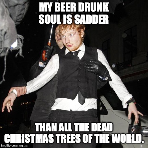 But with much less tinsel... | MY BEER DRUNK SOUL IS SADDER; THAN ALL THE DEAD CHRISTMAS TREES OF THE WORLD. | image tagged in ed sheeran drunk,charles bukowski,christmas tree,beer | made w/ Imgflip meme maker