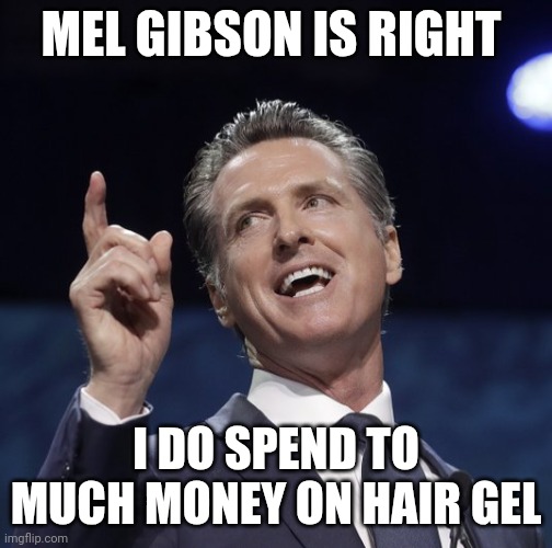 Newsom Hair Gel | MEL GIBSON IS RIGHT; I DO SPEND TO MUCH MONEY ON HAIR GEL | image tagged in gavin newsom,funny memes | made w/ Imgflip meme maker