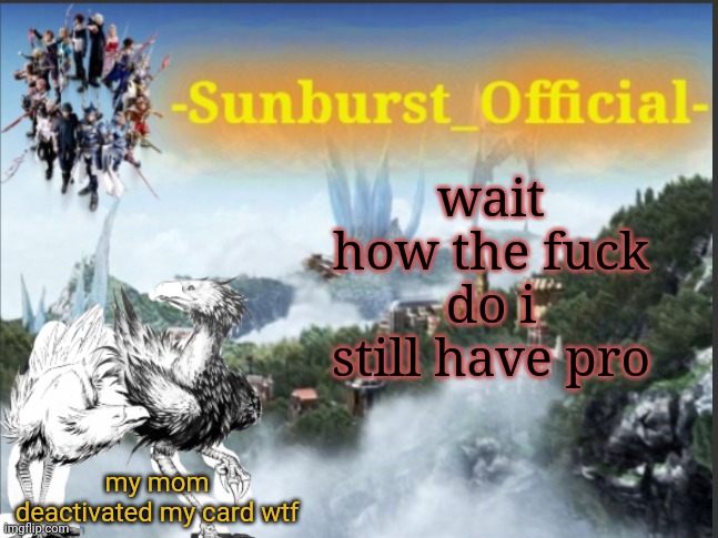 Sunburst’s Chocobo Template | wait
how the fuck do i still have pro; my mom deactivated my card wtf | image tagged in sunburst s chocobo template | made w/ Imgflip meme maker