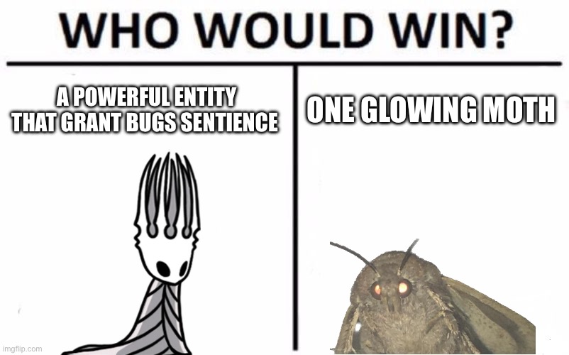 Hollow knight lore in a nutshell | A POWERFUL ENTITY THAT GRANT BUGS SENTIENCE; ONE GLOWING MOTH | image tagged in memes,who would win,pale king,radiance,hollow knight | made w/ Imgflip meme maker