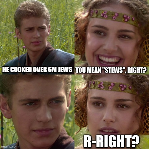 Anakin Padme 4 Panel | HE COOKED OVER 6M JEWS YOU MEAN "STEWS", RIGHT? R-RIGHT? | image tagged in anakin padme 4 panel | made w/ Imgflip meme maker